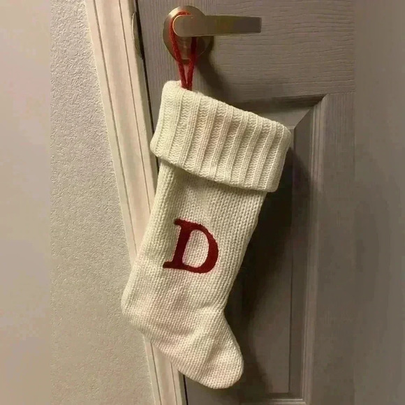 White Knit Monogram Christmas Holiday Stocking with the initial “D” in red 18” l - Picture 1 of 5